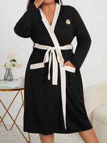 Bata con gráfico de dibujos animados, ribete de contraste y cinturón, para otoño e invierno, atuendo acogedor - Negro - Ver 4