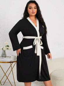 Bata con gráfico de dibujos animados, ribete de contraste y cinturón, para otoño e invierno, atuendo acogedor - Negro - Ver 5