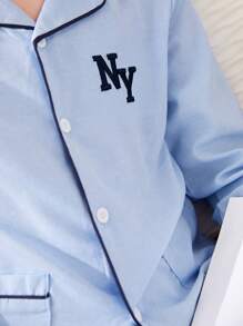Tween Boy Letter Graphic Contrast Piping PJ Set - Blue - View 6