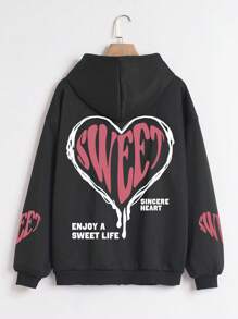 SHEIN EZwear 愛心和標語圖案落肩袖抽繩連帽衫 - 黑色 - 查看 1