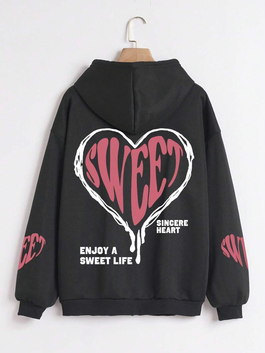 SHEIN EZwear 愛心和標語圖案落肩袖抽繩連帽衫 - 黑色 - 查看 1