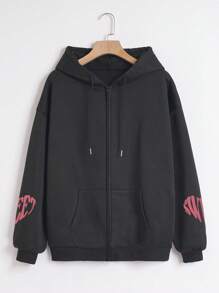 SHEIN EZwear 愛心和標語圖案落肩袖抽繩連帽衫 - 黑色 - 查看 2