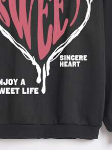 SHEIN EZwear 愛心和標語圖案落肩袖抽繩連帽衫 - 黑色 - 查看 3