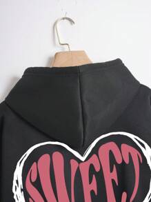 SHEIN EZwear 愛心和標語圖案落肩袖抽繩連帽衫 - 黑色 - 查看 4