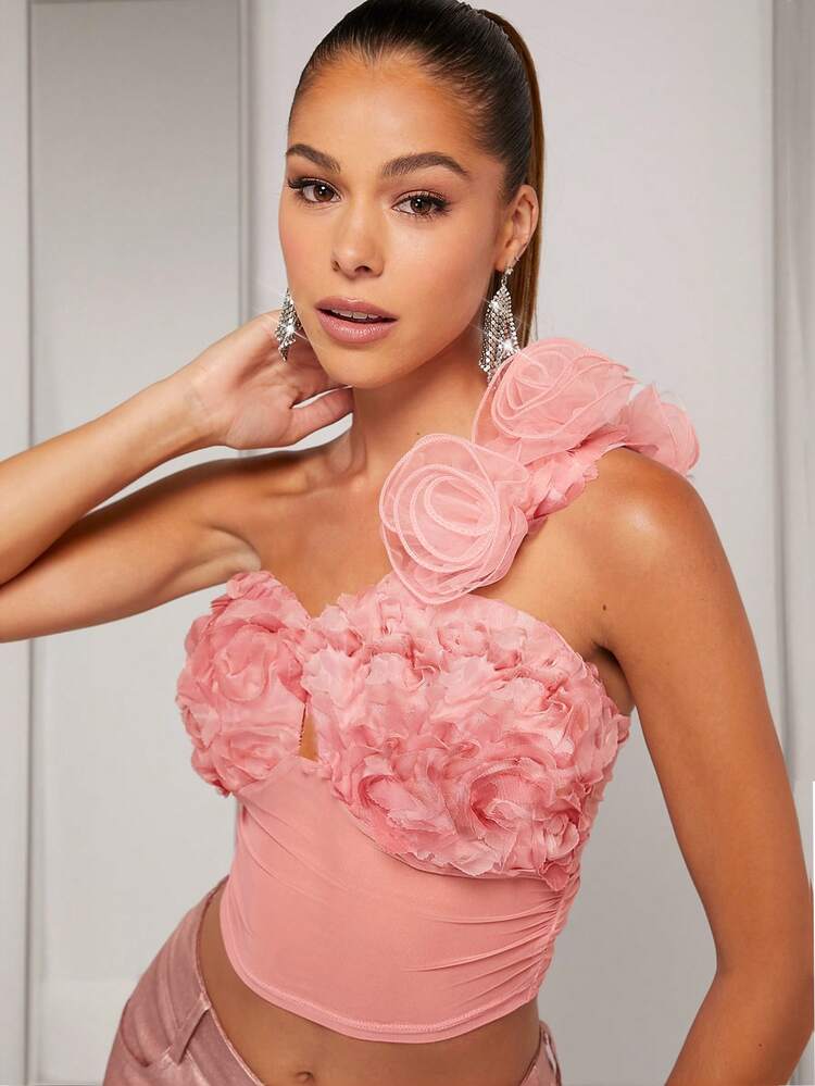Floral Appliques One Shoulder Crop Fashion Top