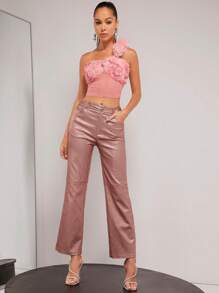 L'Amorae 花卉贴花单肩短款时尚上衣