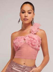 L'Amorae 花卉贴花单肩短款时尚上衣