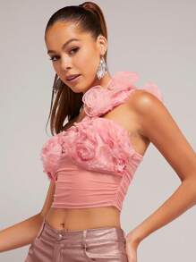 L'Amorae 花卉贴花单肩短款时尚上衣