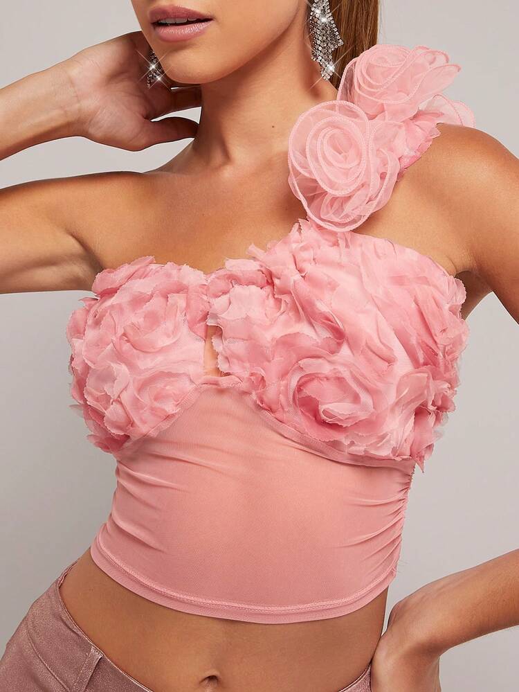 Floral Appliques One Shoulder Crop Fashion Top