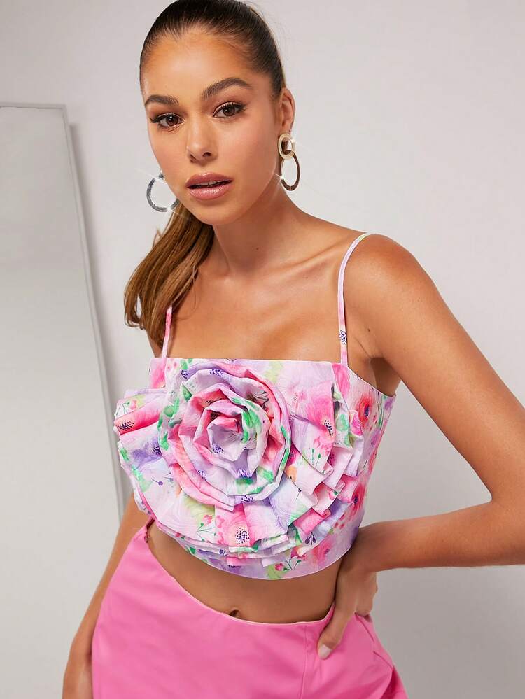 Y2K Floral Jacquard 3D Rosette Crop Cami Top