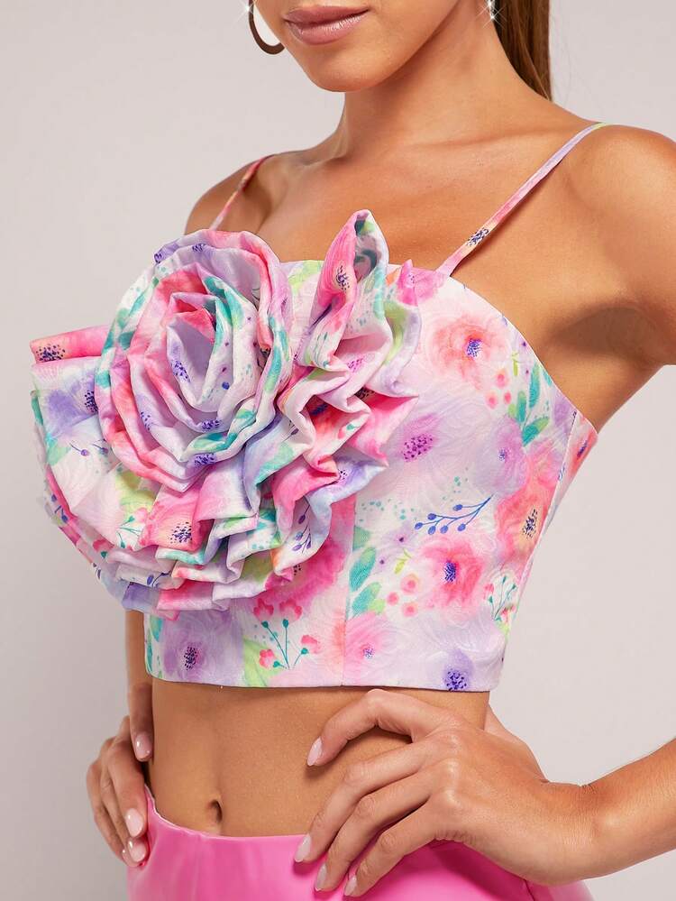 Y2K Floral Jacquard 3D Rosette Crop Cami Top