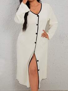 Plus Contrast Binding Button Front Nightdress - Apricot - View 1