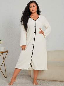 Plus Contrast Binding Button Front Nightdress - Apricot - View 2