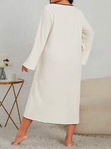 Plus Contrast Binding Button Front Nightdress - Apricot - View 3
