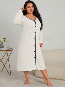 Plus Contrast Binding Button Front Nightdress - Apricot - View 4