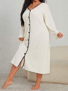 Plus Contrast Binding Button Front Nightdress - Apricot - View 5