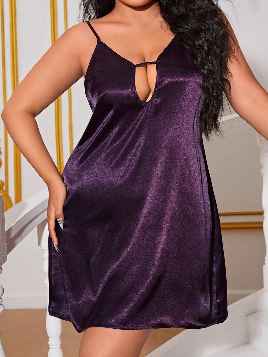 挖空 露背純色大碼睡裙 - 中紫紅色 - 查看 1