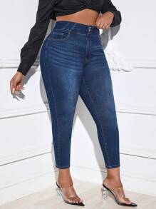 SHEIN Essnce Plus High Waist Skinny Jeans - Dark Wash - View 3