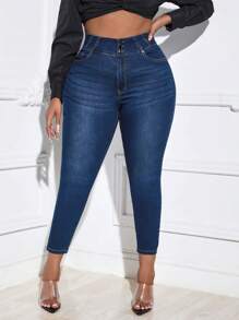 SHEIN Essnce Plus High Waist Skinny Jeans - Dark Wash - View 4