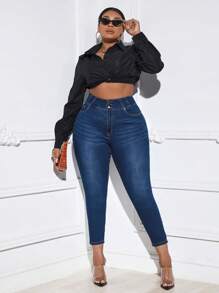 SHEIN Essnce Plus High Waist Skinny Jeans - Dark Wash - View 5