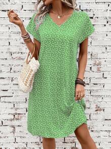 SHEIN LUNE Giấy in hình trái tim tay cánh Đầm - Màu xanh Bạc hà - Xem 1