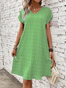 SHEIN LUNE Giấy in hình trái tim tay cánh Đầm - Màu xanh Bạc hà - Xem 3