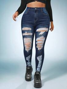 SHEIN SXY Plus Ripped Skinny Jeans - Dark Wash - View 1