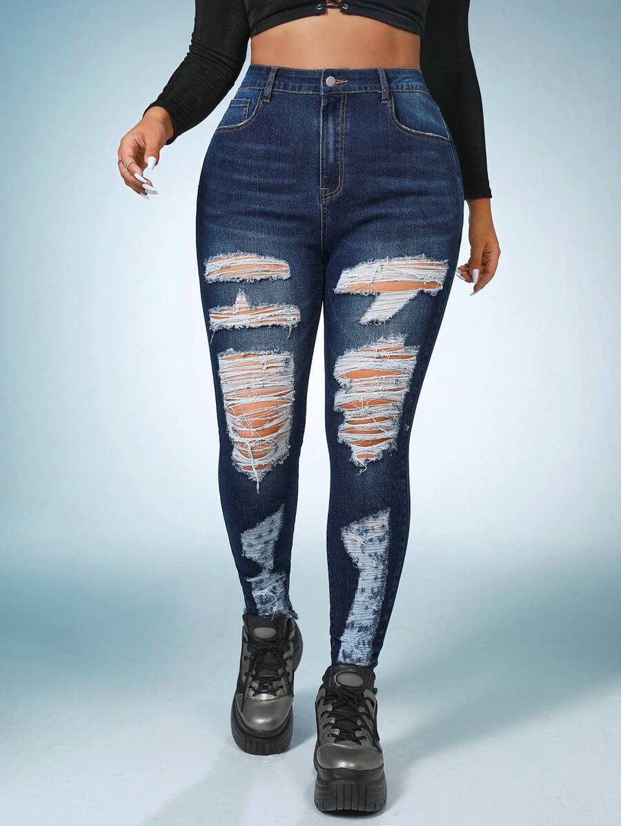 SHEIN SXY Plus Ripped Skinny Jeans - Dark Wash - View 1