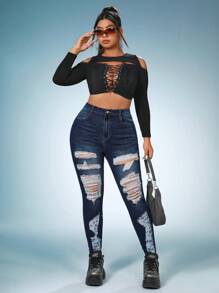 SHEIN SXY Plus Ripped Skinny Jeans - Dark Wash - View 3