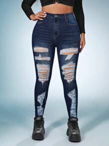 SHEIN SXY Plus Ripped Skinny Jeans - Dark Wash - View 4