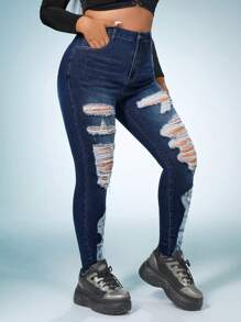 SHEIN SXY Plus Ripped Skinny Jeans - Dark Wash - View 5