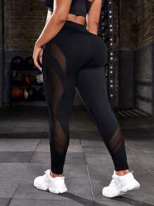SHEIN Sport Studio Plus Contrast Mesh Wideband Waist Sports Leggings
