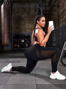 SHEIN Sport Studio Plus Contrast Mesh Wideband Waist Sports Leggings