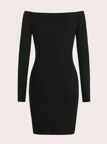 ROMWE Goth 骷髅圖案一字肩緊身洋裝 - 黑色 - 查看 2