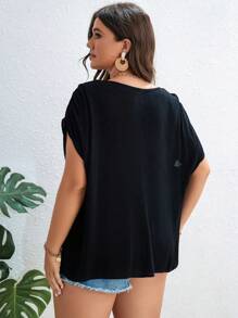 SHEIN LUNE Plus Floral Embroidery Batwing Sleeve Blouse - Black - View 2