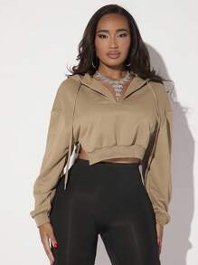 SHEIN SXY 落肩袖抽繩短款連帽衫 - 卡其色 - 查看 1