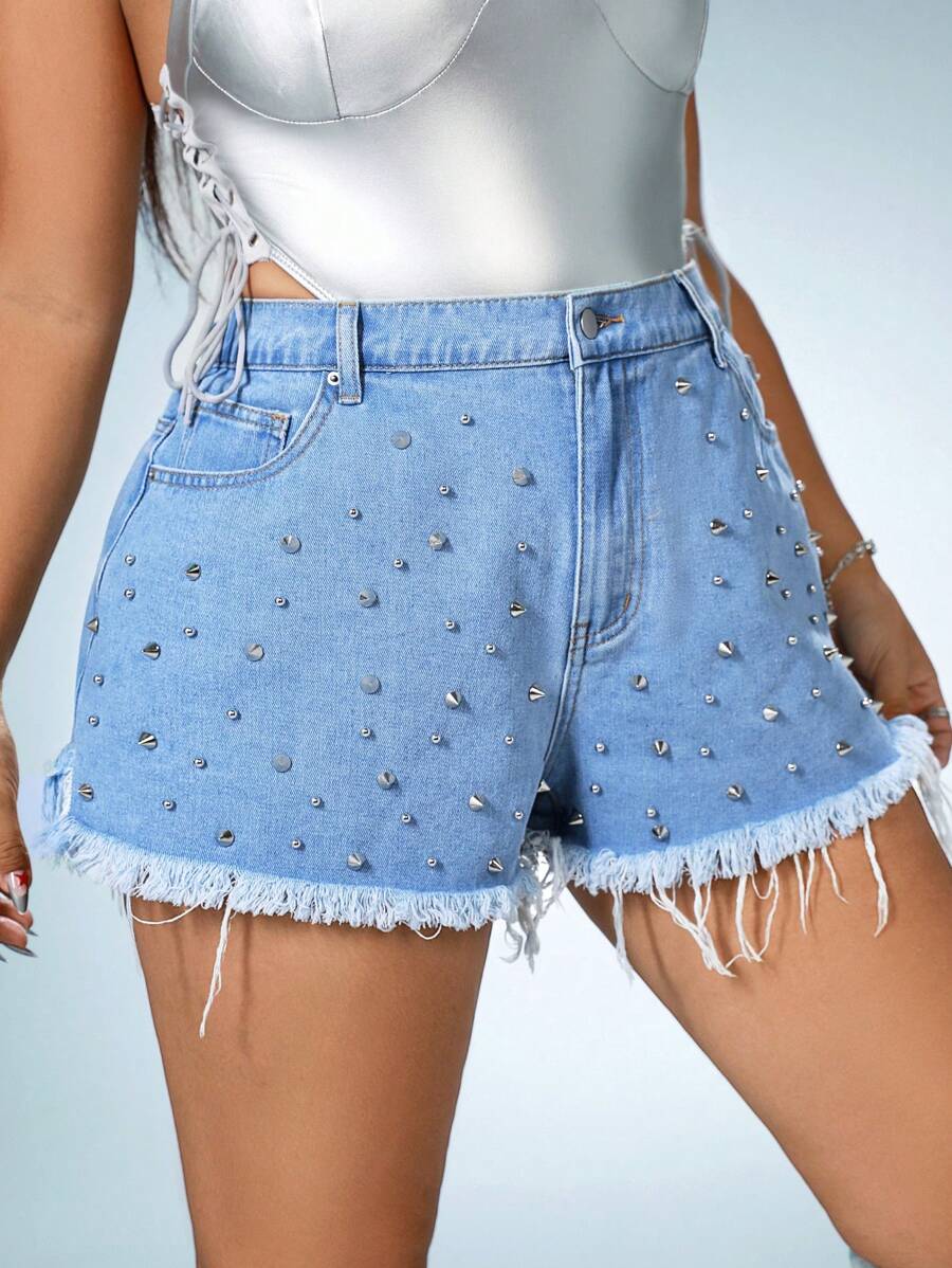 SHEIN ICON Plus Studded Detail Raw Cut Denim Shorts - Light Wash - View 1