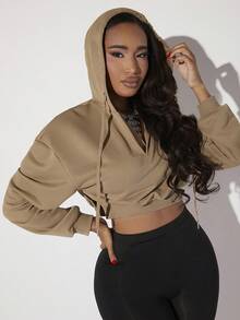 SHEIN SXY 落肩袖抽繩短款連帽衫 - 卡其色 - 查看 4