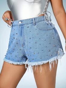 SHEIN ICON Plus Studded Detail Raw Cut Denim Shorts - Light Wash - View 3