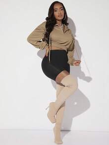 SHEIN SXY 落肩袖抽繩短款連帽衫 - 卡其色 - 查看 6