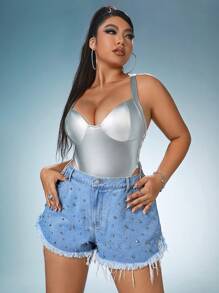 SHEIN ICON Plus Studded Detail Raw Cut Denim Shorts - Light Wash - View 5