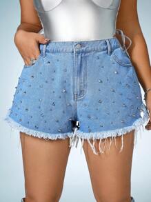 SHEIN ICON Plus Studded Detail Raw Cut Denim Shorts - Light Wash - View 6