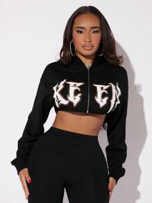 SHEIN SXY Letter Graphic Zip Up Crop Hoodie - Black - View 3