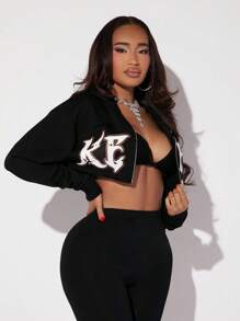 SHEIN SXY Letter Graphic Zip Up Crop Hoodie - Black - View 1