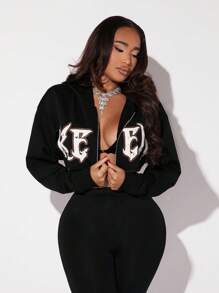 SHEIN SXY Letter Graphic Zip Up Crop Hoodie - Black - View 6