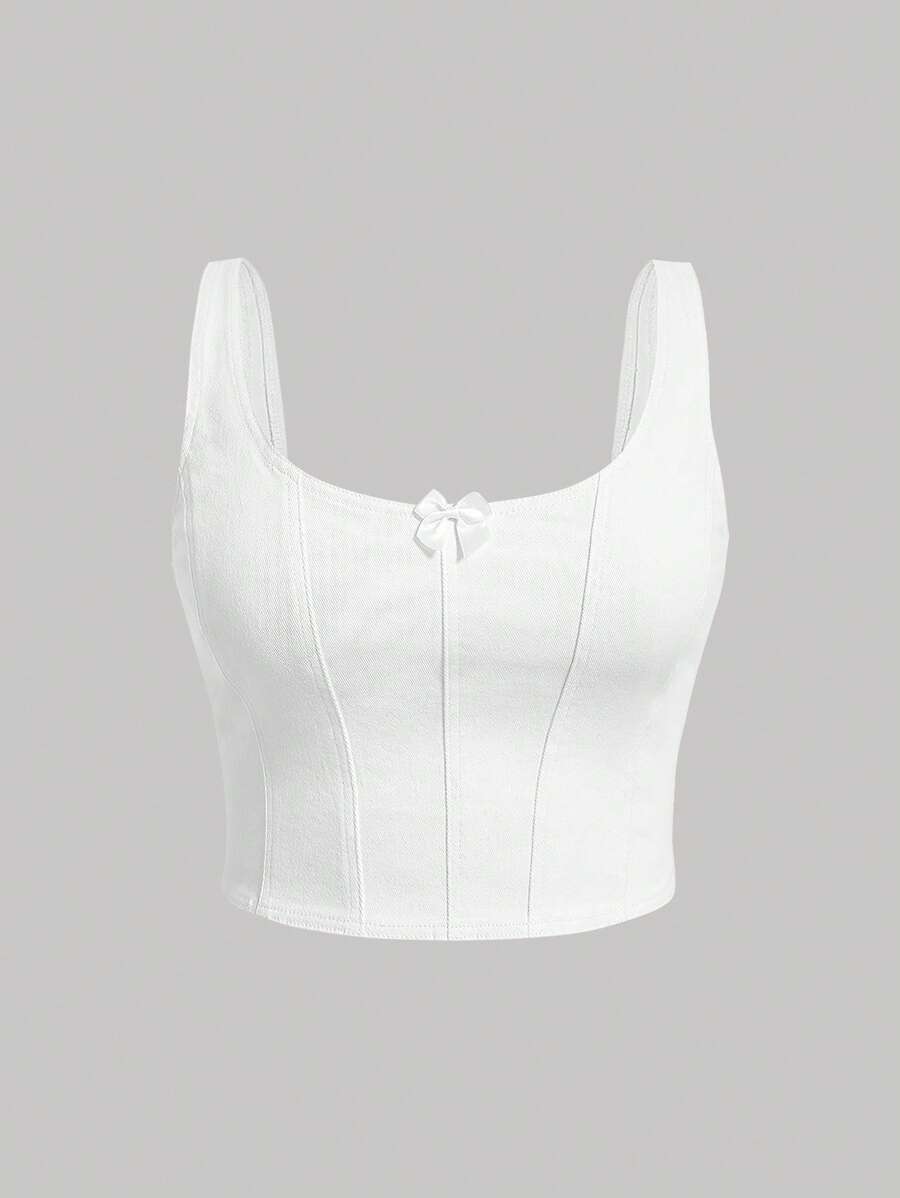 SHEIN MOD Plus Bow Front Tank Denim Top - White - View 1