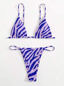 Zebra Stripe Triangle Thong Bikini Set - Purple - View 1