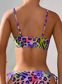 SHEIN Summer Allover Print Drawstring Front Bikini Top - Multicolor - View 2