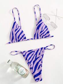 Zebra Stripe Triangle Thong Bikini Set - Purple - View 3