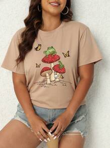 SHEIN Essnce 大碼蘑菇&蝴蝶圖案T恤 - 杏色 - 查看 3
